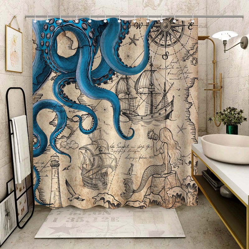 Fungarth Vintage Nautical Octopus Shower Curtain Navy Blue Mermaid Funny Ocean Kraken Shower Curtains for Bathroom Anchor Coastal Map Waterproof Fabric Bath Curtain Decor with Hooks (Retro  72  x 72 ) - Image 4
